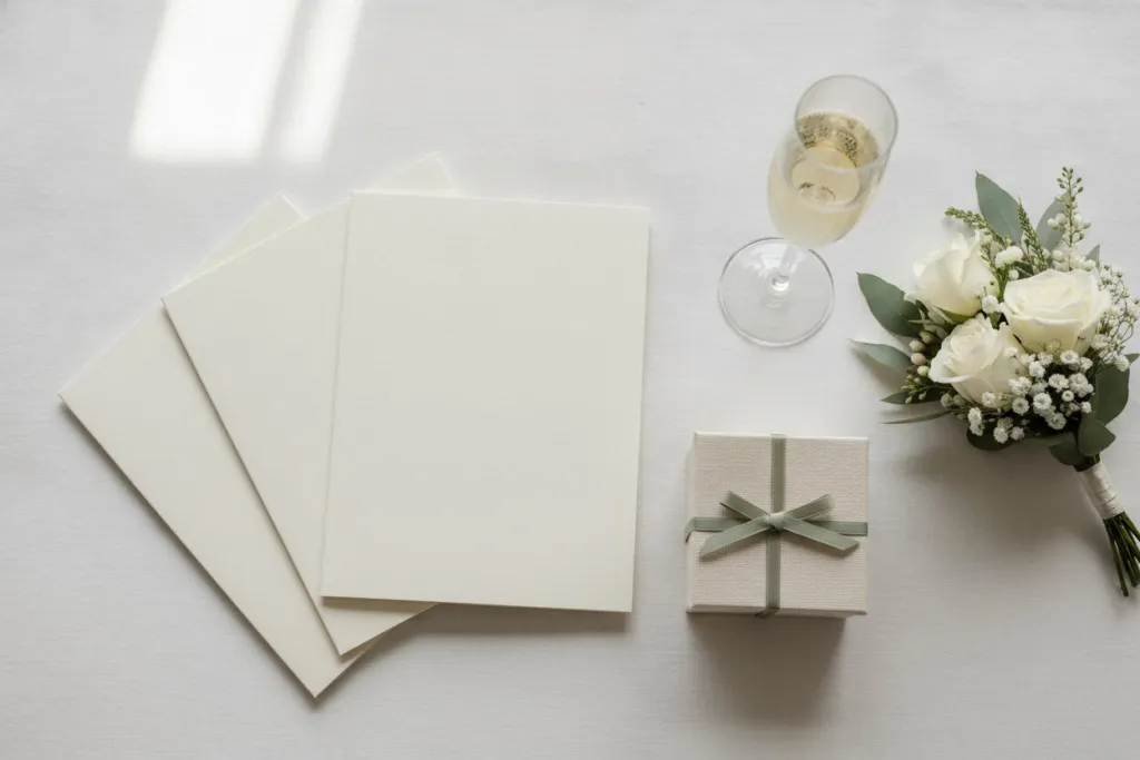 Ivory print folders and a keepsake box on a wedding breakfast table (illustration)